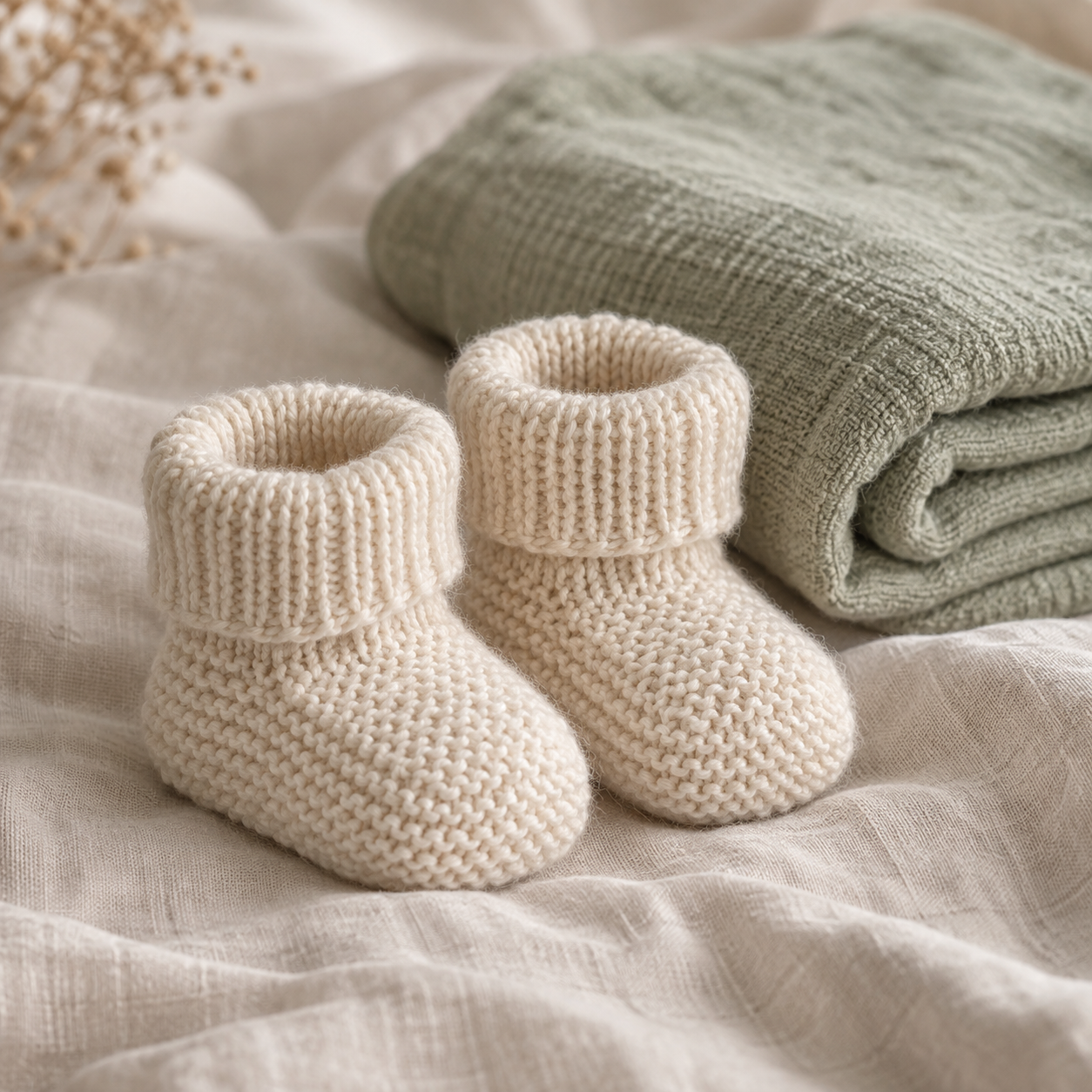 Cream handmade baby booties on linen beside a sage blanket
