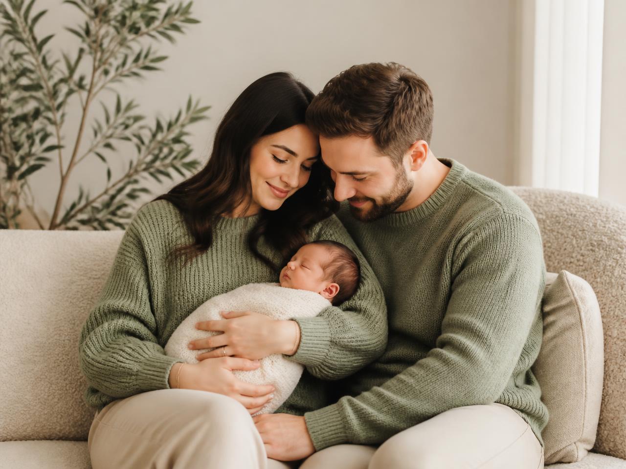 Two parents sitting together at home, holding their sleeping baby